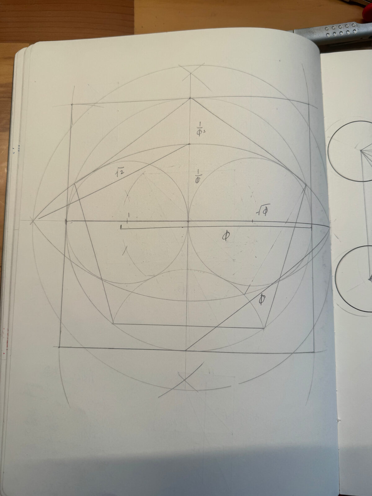 The principal squaring-the-circle drawing — circle, square, pentagon and vesica in one composition with golden-ratio lengths labeled