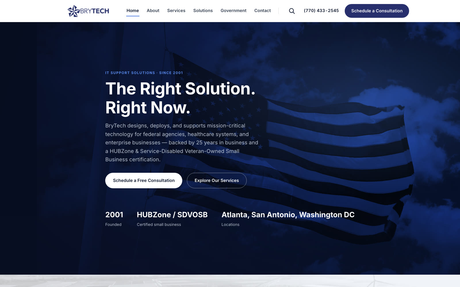 The redesigned BryTech home page: a duotone flag hero in deep royal blue with the headline The Right Solution. Right Now.