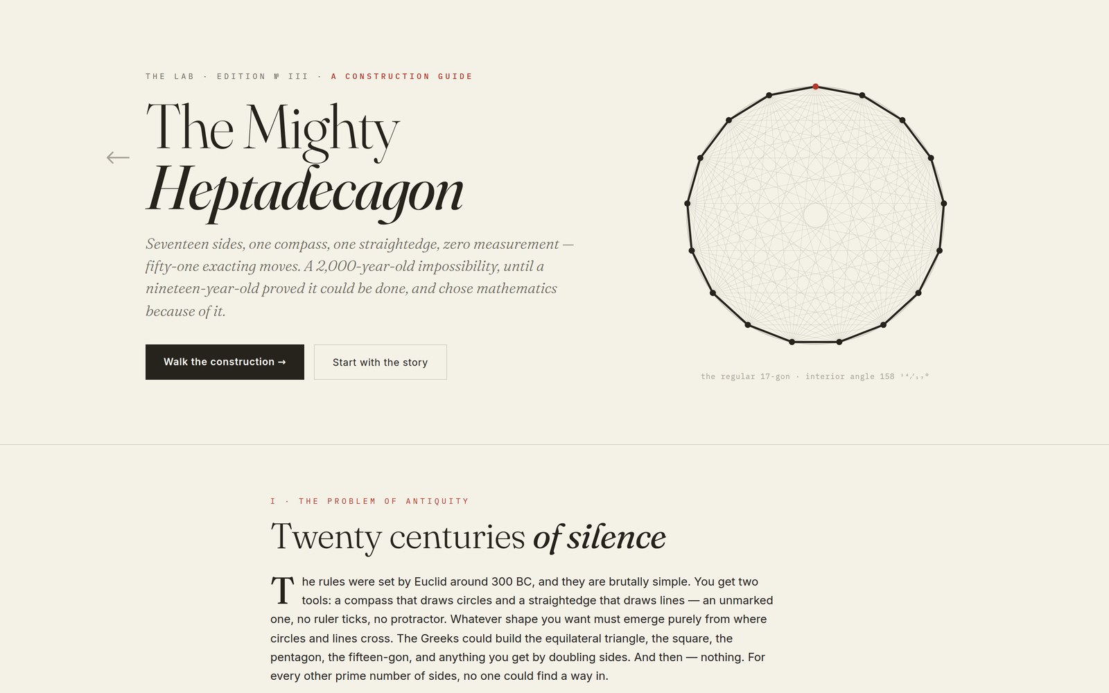 The Mighty Heptadecagon — the guide's hero: serif wordmark beside the 17-gon drawing itself in thin ink lines