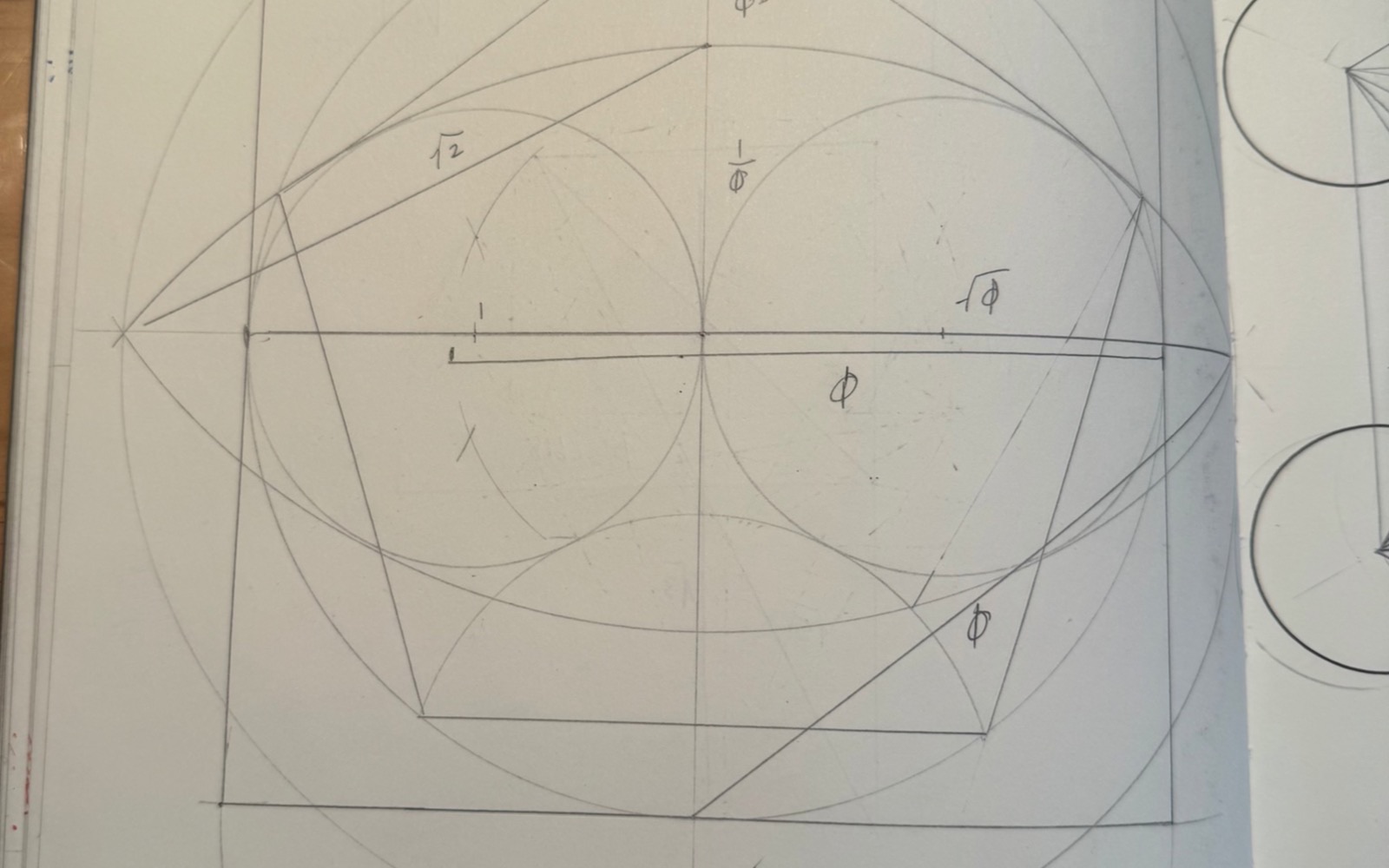Squaring the Circle — hand-drawn quadrature study: circle, square and pentagon with golden-ratio lengths labeled in pencil