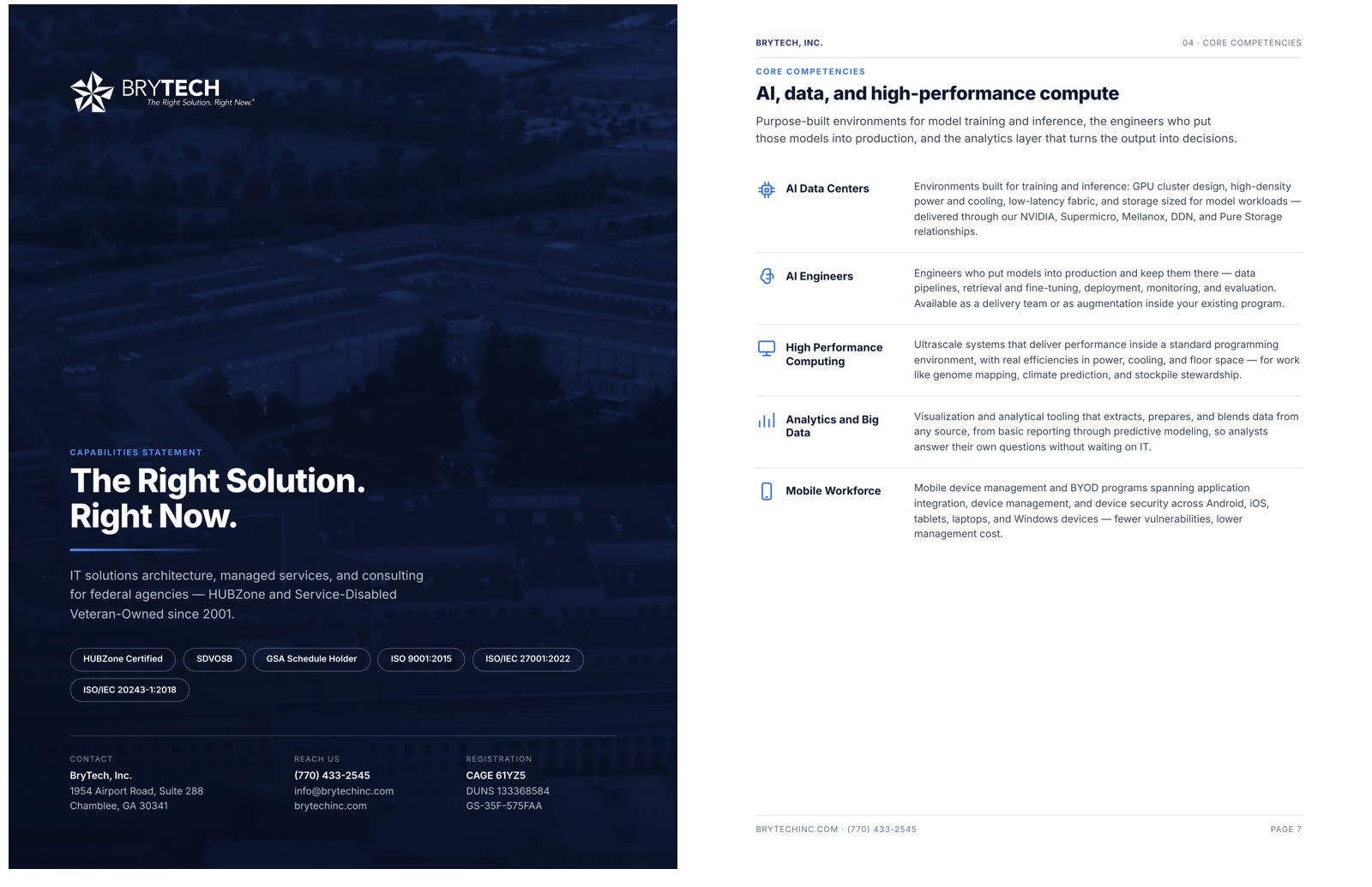The redesigned capabilities statement: dark duotone cover beside an interior spread of core competencies