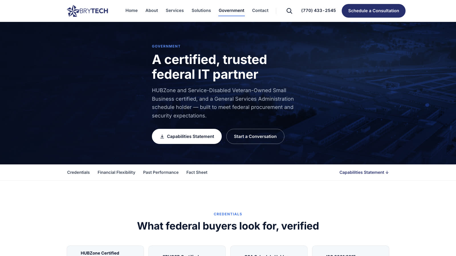 The rebuilt Government page: sticky section sub-nav over a duotone Pentagon aerial