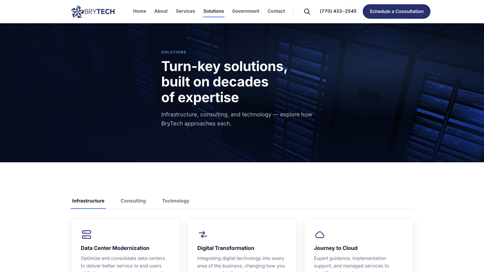 The Solutions page: tabbed infrastructure, consulting and technology cards over a rendered data-centre hero