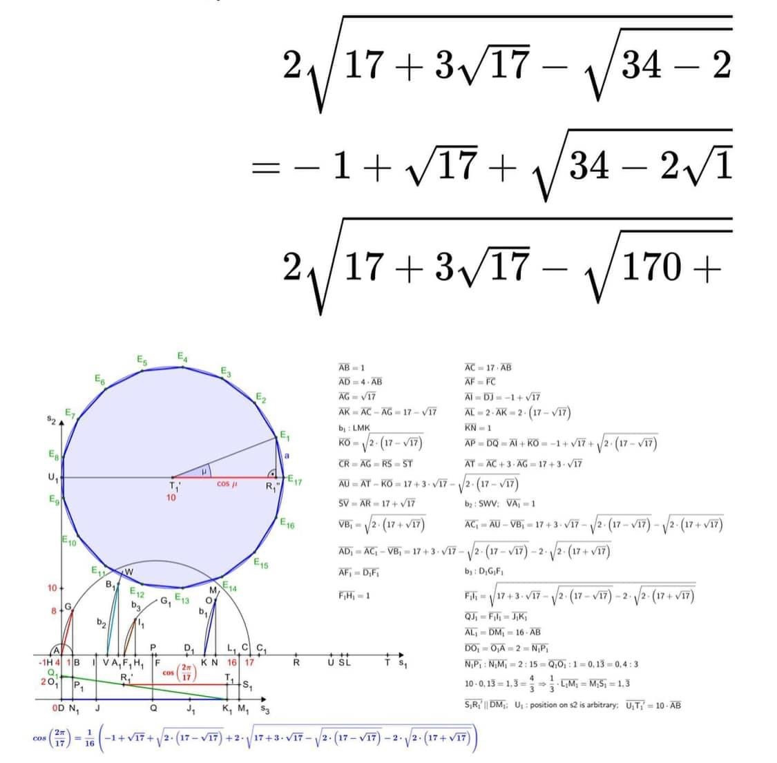Handwritten mathematics reference sheet for the heptadecagon — the tower of quadratics worked by hand