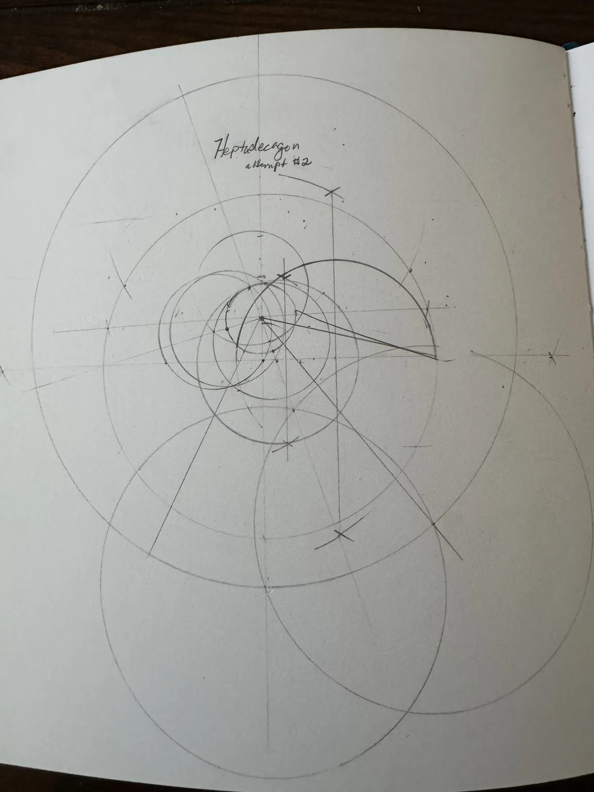 Failed heptadecagon attempt no. 2 — pencil construction drifting off true in the sketchbook