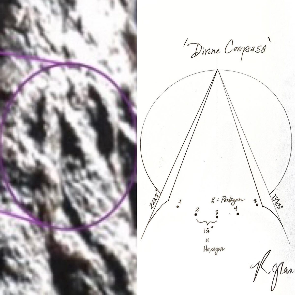 The compass marking on the side of the box beside Grant's pencil drawing titled Divine Compass