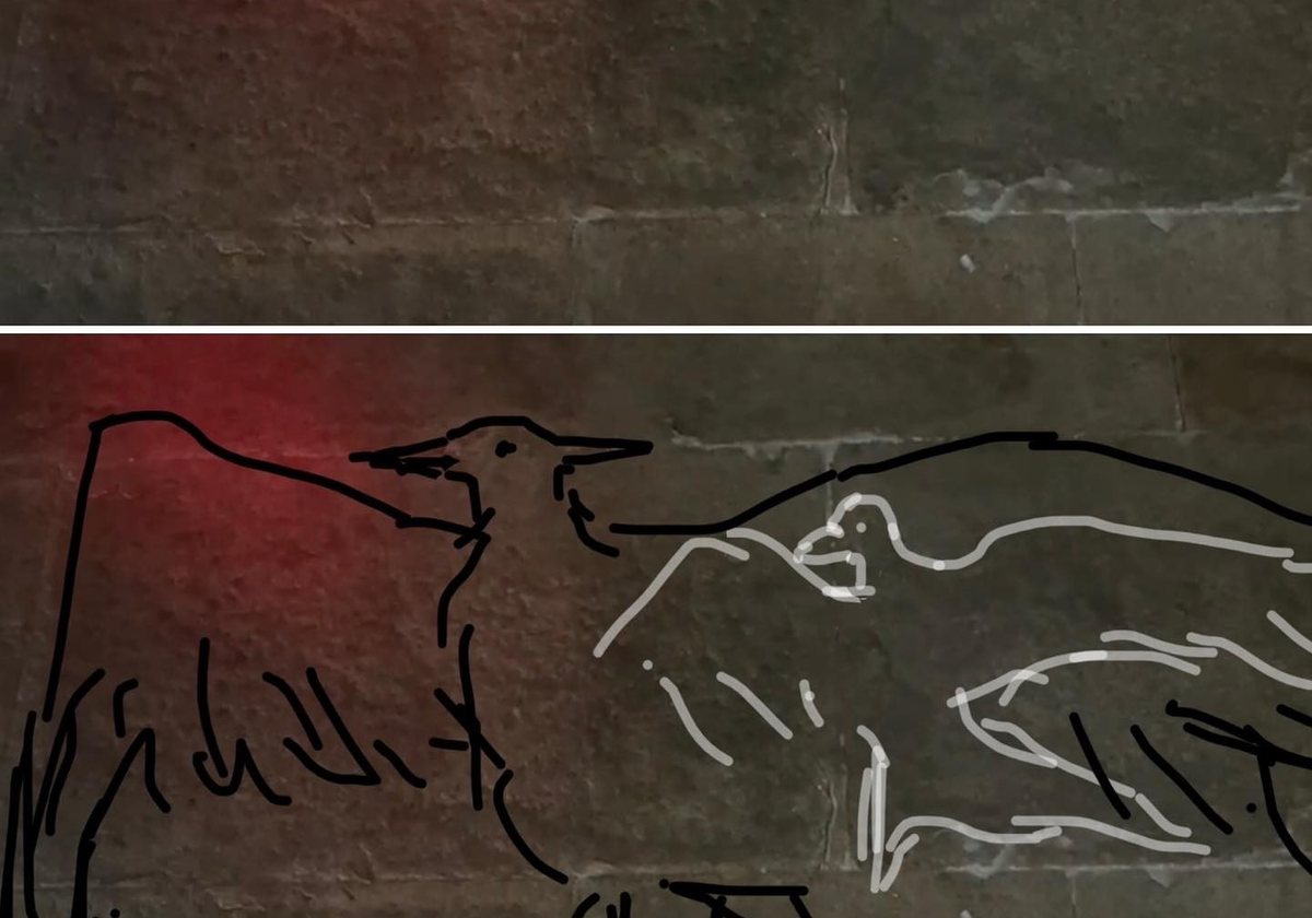 The north wall of the King's Chamber, plain above and with the Phoenix and Benu bird outlined below, over the bull and the cow