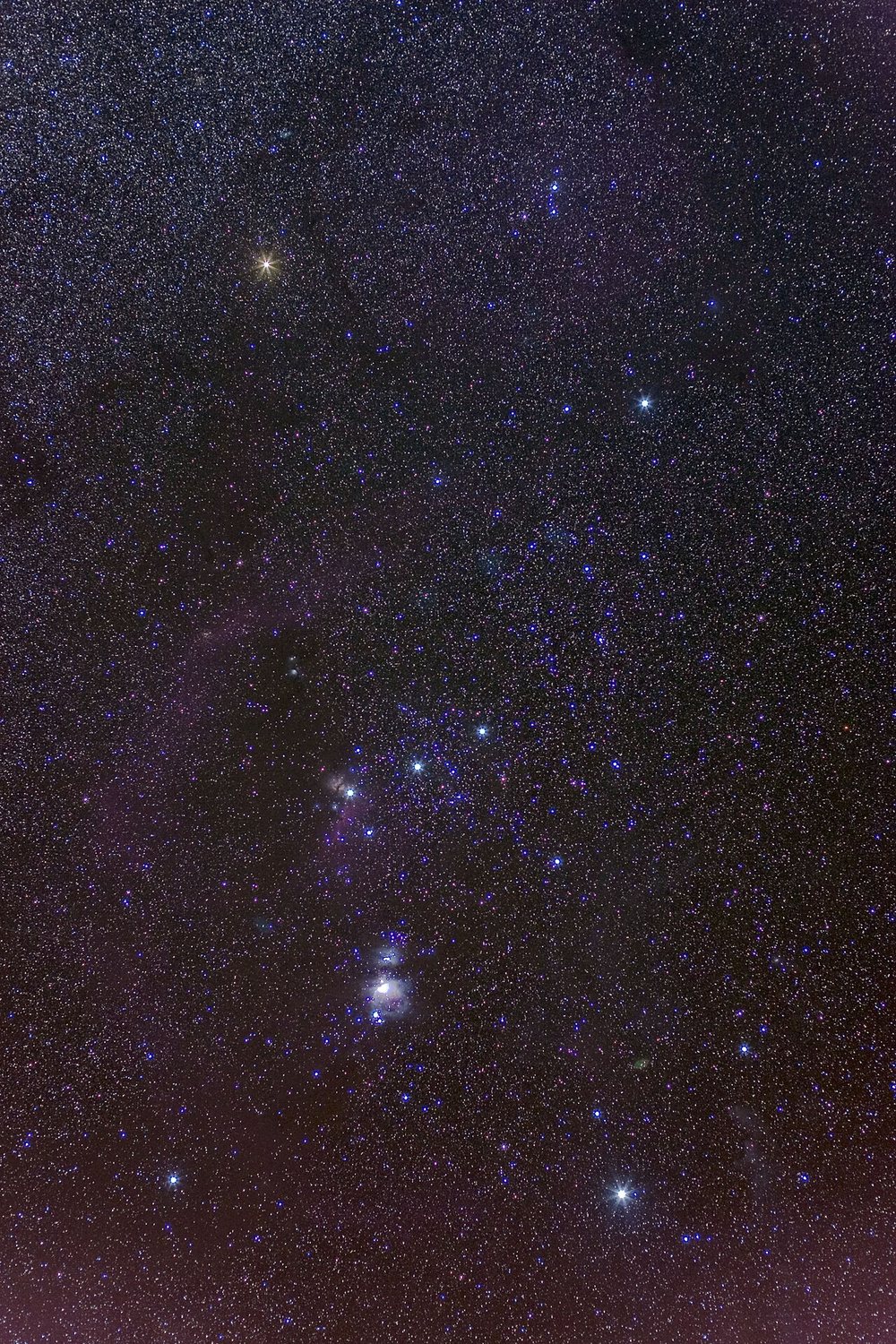 Photograph of the constellation Orion: Betelgeuse and Bellatrix at the shoulders, the three belt stars in a line, the sword and nebula below, Rigel and Saiph at the feet